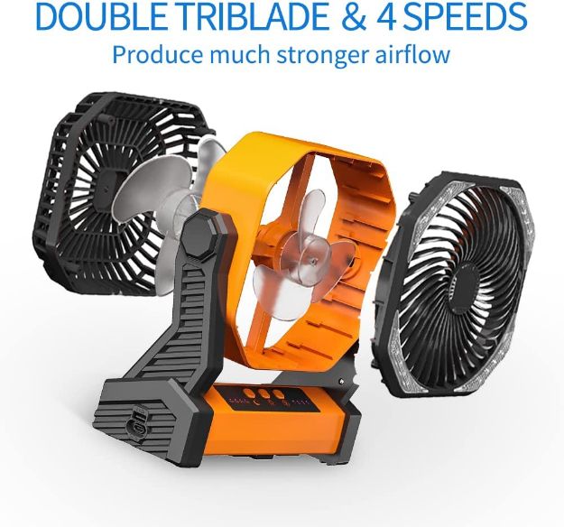 Camping Fan with LED Light, 20000mAh Rechargeable Battery Powered Outdoor Tent Fan with Light and Hook
