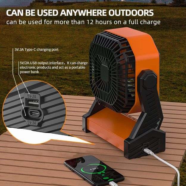 Camping Fan with LED Light, 20000mAh Rechargeable Battery Powered Outdoor Tent Fan with Light and Hook