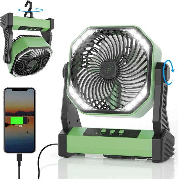 Camping Fan with LED Light, 20000mAh Rechargeable Battery Powered Outdoor Tent Fan with Light and Hook	