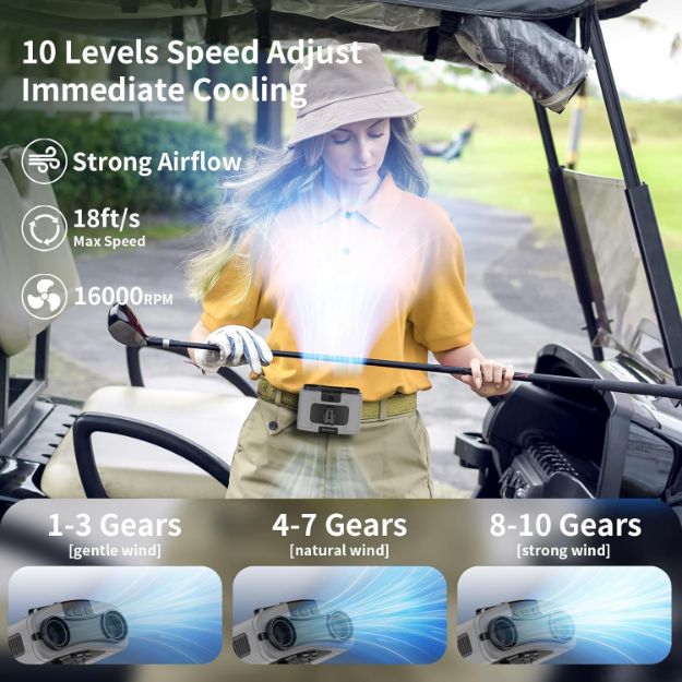 10000mAh Portable Waist Fan Clip on Wearable Belt Personal Fan Rechargeable Battery operated With 9 Speeds & Flashlight Neck Fan Hands-Free 20H Cooling For Outdoor Camping Travel