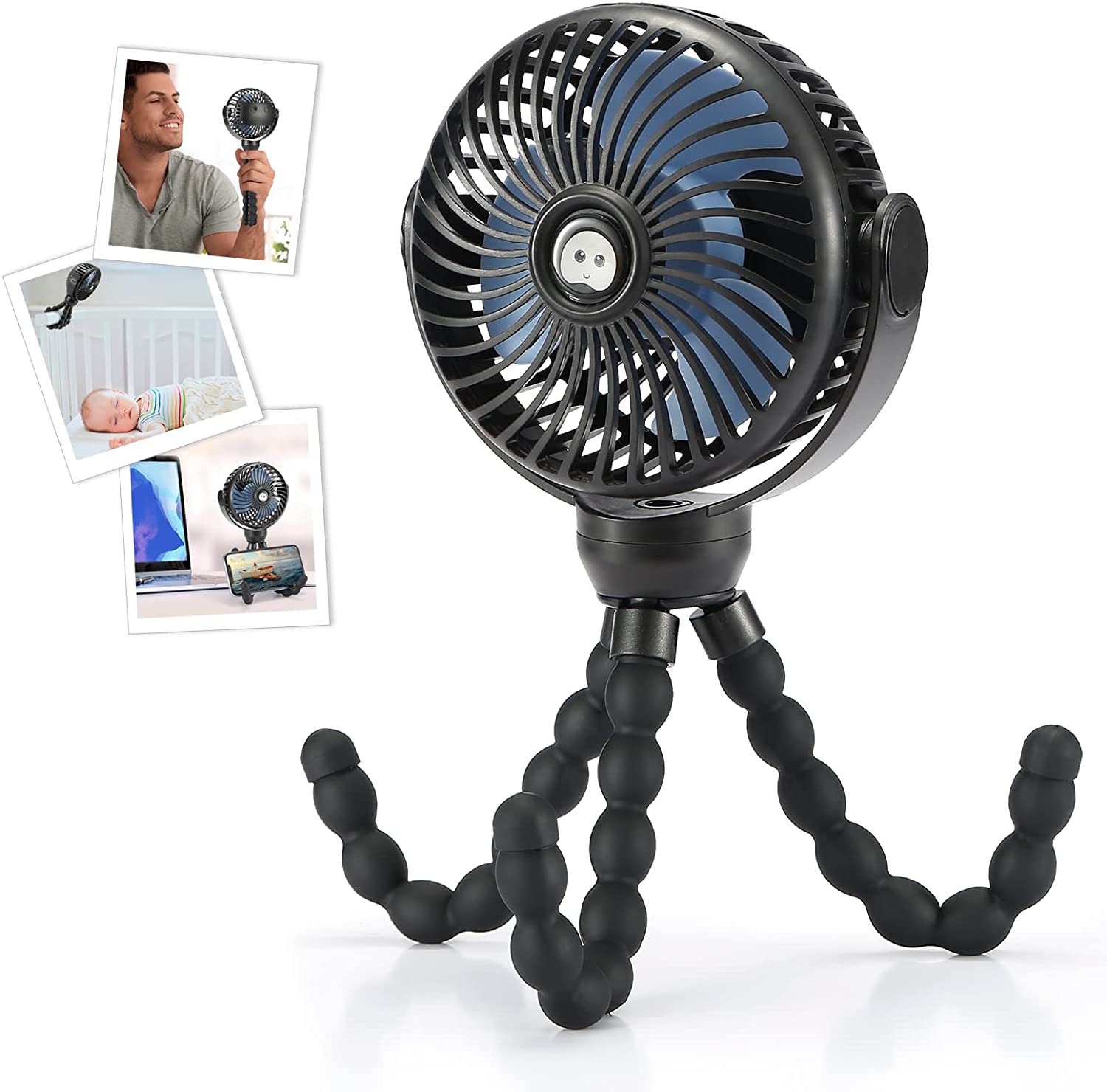 Portable Fan with Flexible & Windable Tripod Baby Stroller fan 3 Speeds and LED Lighting Available… 12hrs Battery Rechargeable Fan 