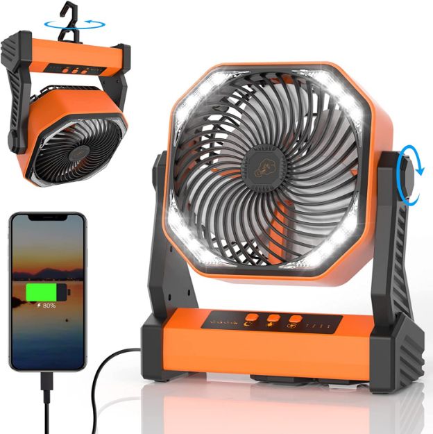 Camping Fan with LED Light, 20000mAh Rechargeable Battery Powered Outdoor Tent Fan with Light and Hook