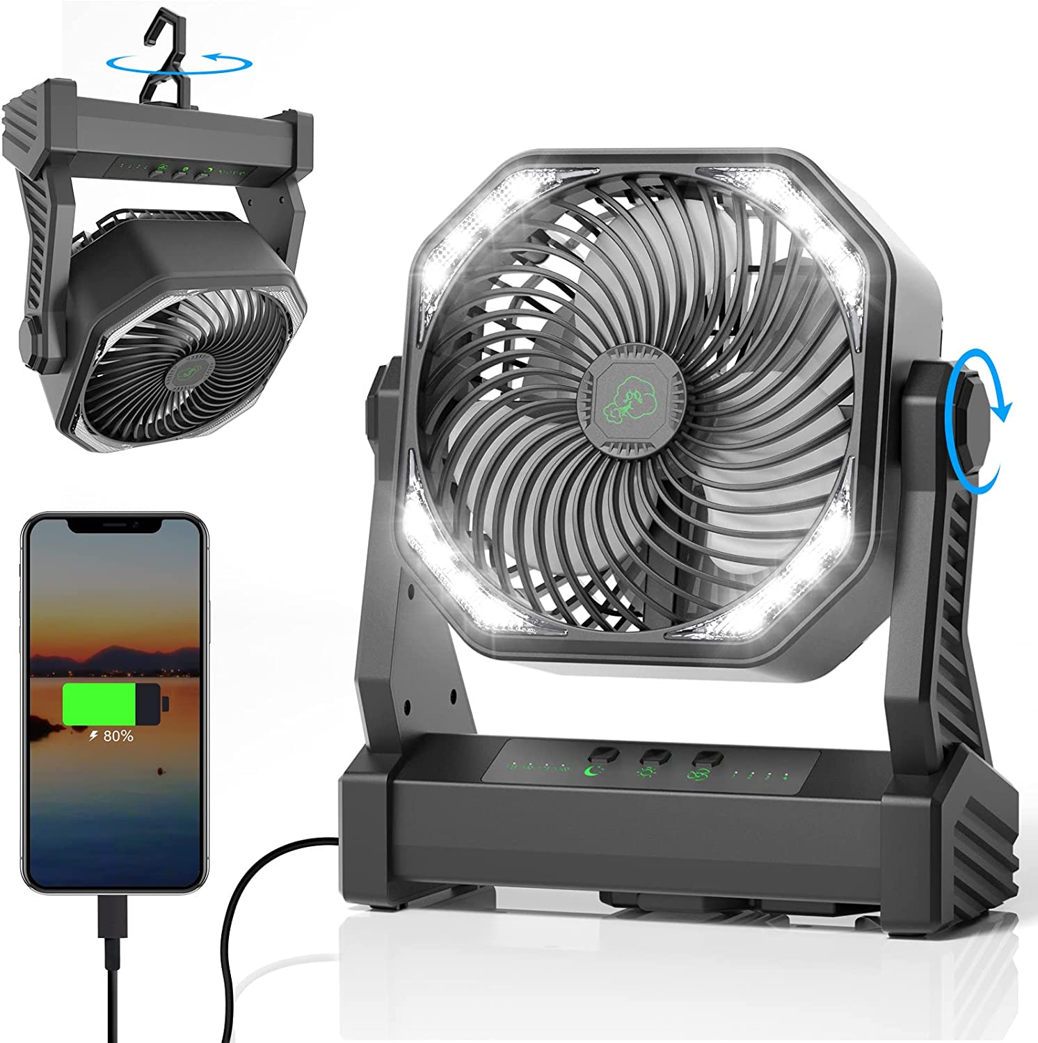 Dropship Clip On Fan With LED Lamp, Rechargeable Desk Fan, 4 Speed  360°Rotating Detachable